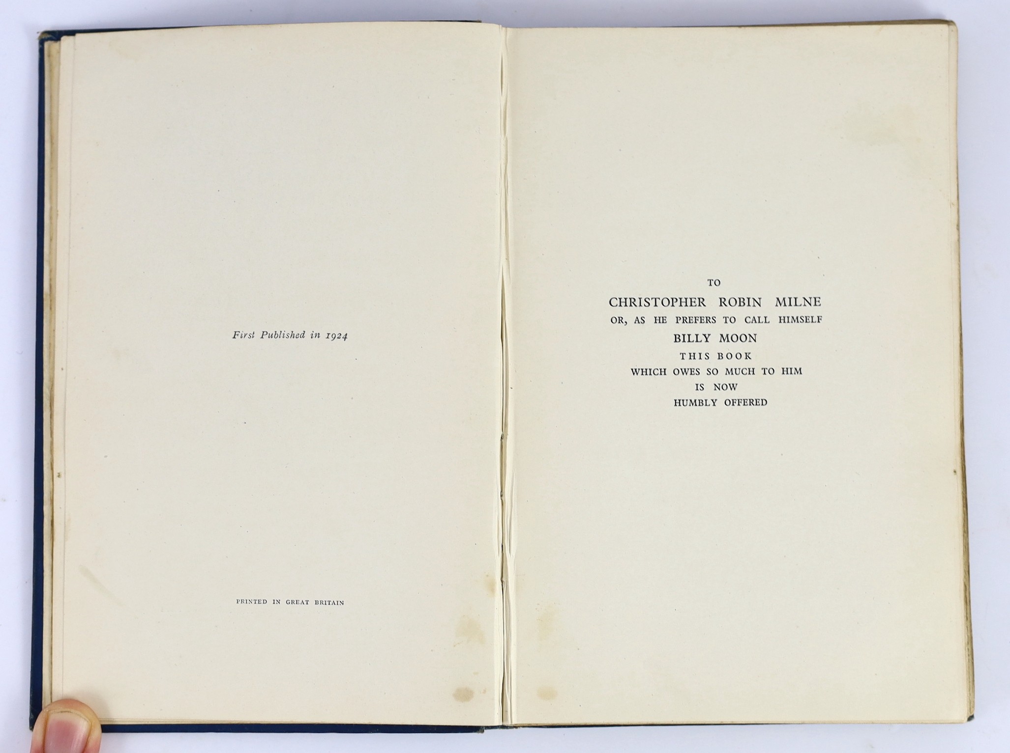 Milne, Alan Alexander - When We Were Very Young, 1s edition, first printing, first state, (without ‘’ix’’ to foot of contents page), illustrated by Ernest Shepard, 8vo, original blue pictorial cloth gilt stamped, ownersh